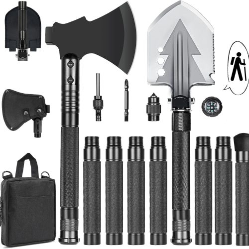 In-1 multitool survival walking staff, foldable spade hatchet axe combo, storage bag